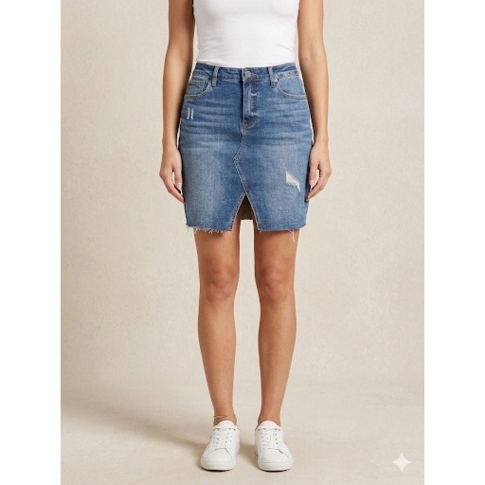 KUT from the Kloth Denim Skirt Women 10 Blue Hannah Raw Hem Distressed Mini